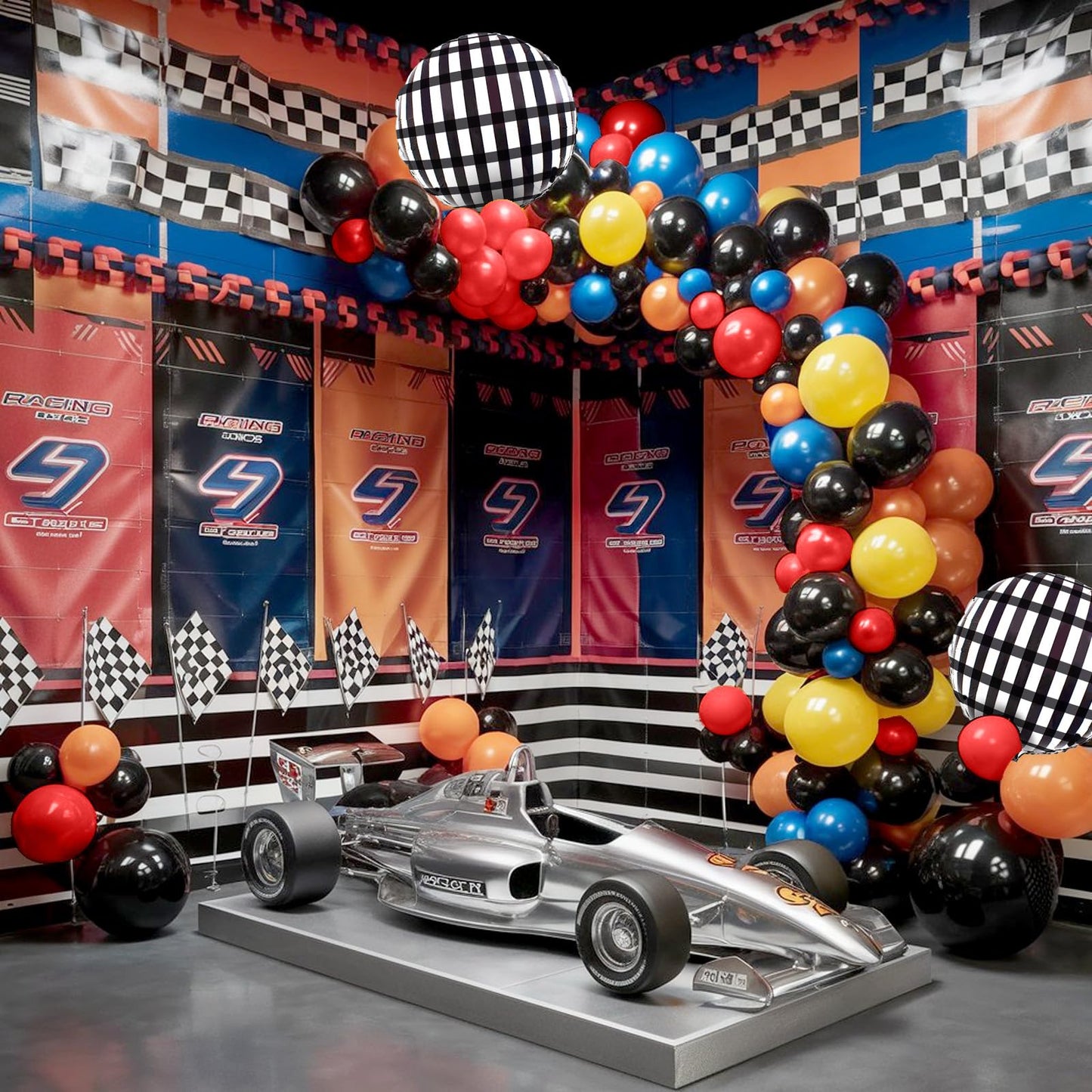 Race Car Balloons Arch Garland Kit, Blue Red Black Checkered Flag Foil Balloon, Race Car Themed Decorations For Boys Birthday Party Baby Shower
