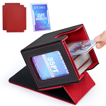 Uaono Card Deck Box With Mtg Commander Display, Deck Case Holds 100+ Double-Sleeved Cards, Trading Card Storage Box Fits Tcg/Ptcg/Sports Card With 2 Dividers, 1 Toploader (Black, Red)