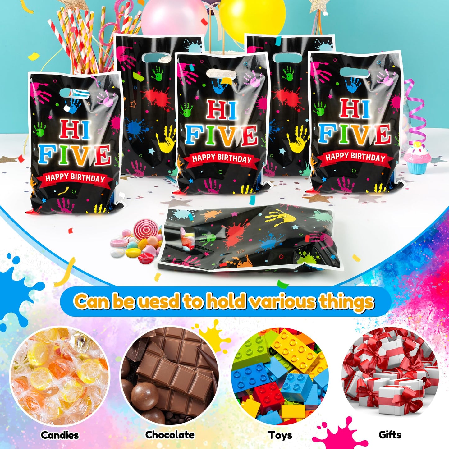 Hi Five Painting Party Favor Bags - 50Pcs Colorful Art Paint Goody Candy Treat Gift Bags, Artist Drawing Theme Plastic Birthday