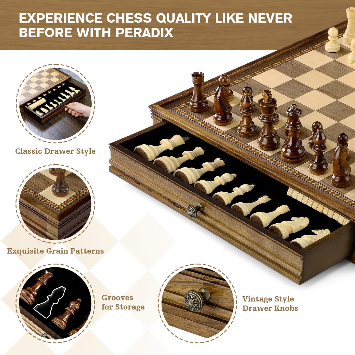 Peradix Magnetic Chess Checkers Board Sets With 2 Built-In Storage Drawers,15' Classic 2 In 1 Wooden Games With 2 Extra Queens For Kids And Adults,Travel Portable Chess Game Set