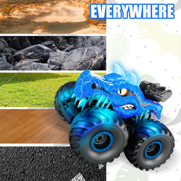 HONGID Dinosaur Remote Control Car,2.4 GHz RC 4WD Monster Trucks for Boys Girls with Light,Sound&Spray,2 Batteries,Dinosaur Toys