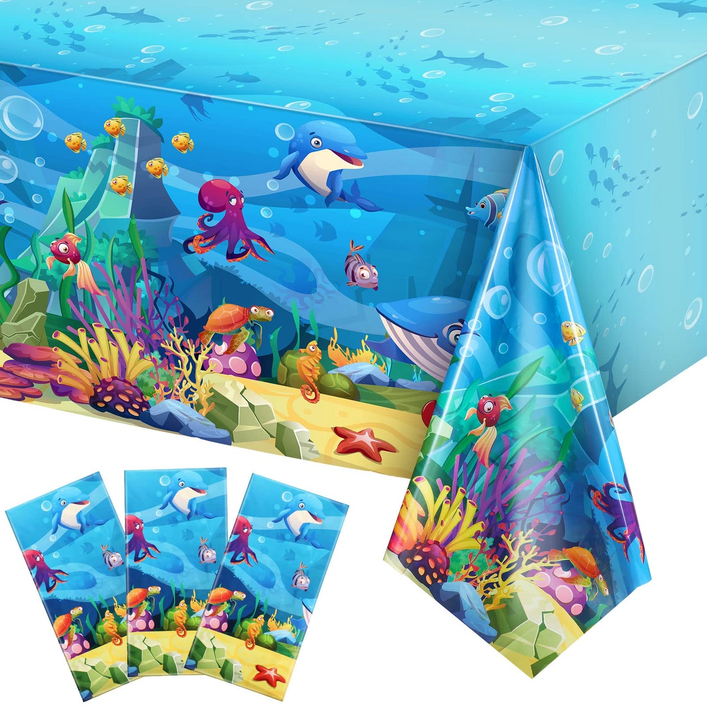Tiamon 3 Pack Sea Party Tablecloth Ocean Animals Table Cover Underwater Creatures Ocean Sea Life Tablecloth for Kids Ocean Birth