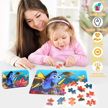Lelemon Ocean Puzzles For Kids Ages 4-8,Underwater World 60 Piece Puzzles For Kids Ages 3-5,Children Jigsaw Puzzles Kids Puzzles In A Metal Box,Educational Learning Puzzle Toys For Girls And Boys