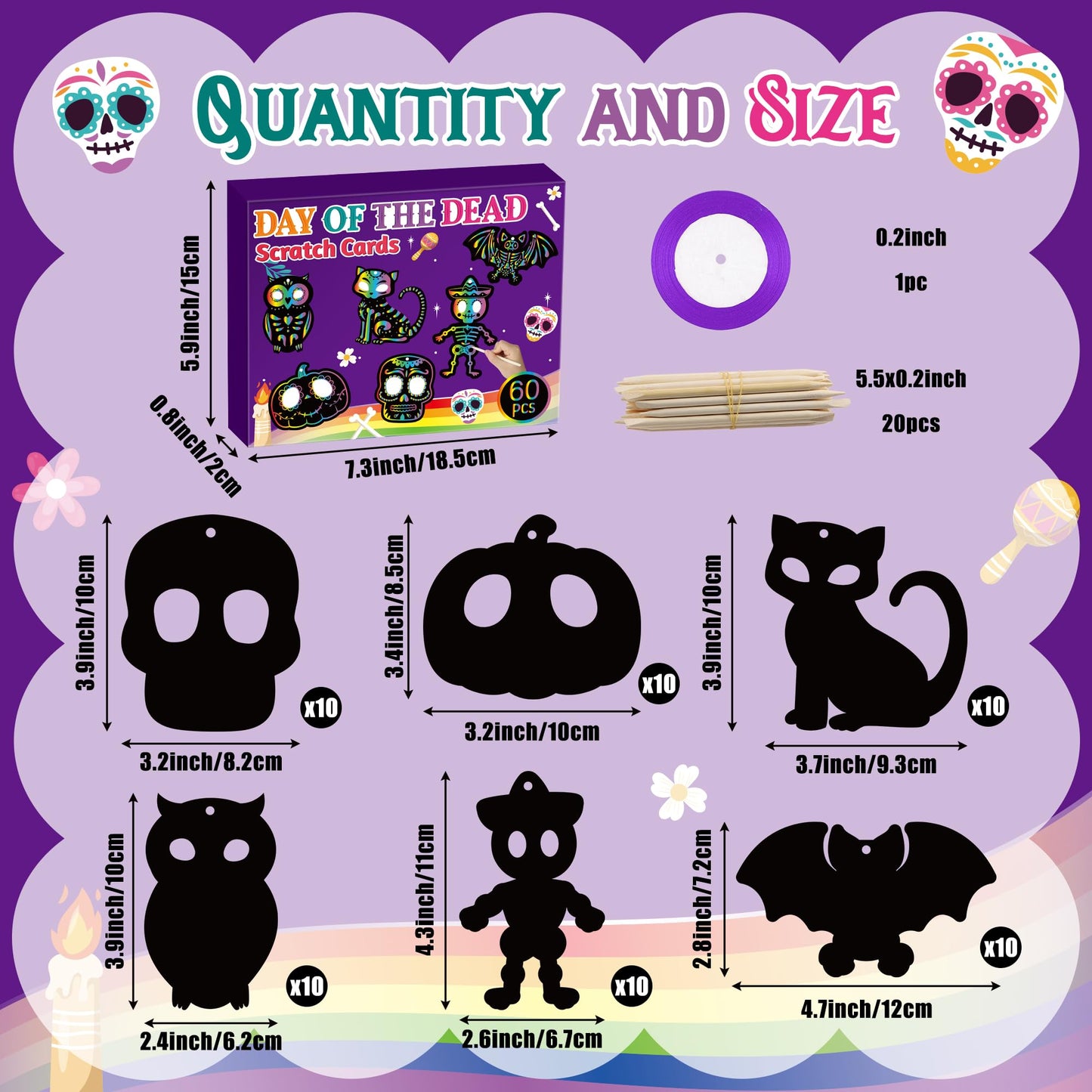 CY2SIDE 60PCS Day of The Dead Skeleton Scratch Card Gift Set for Kid, DIY Mexican Fiesta Scratch Paper Kit for Student School Ac