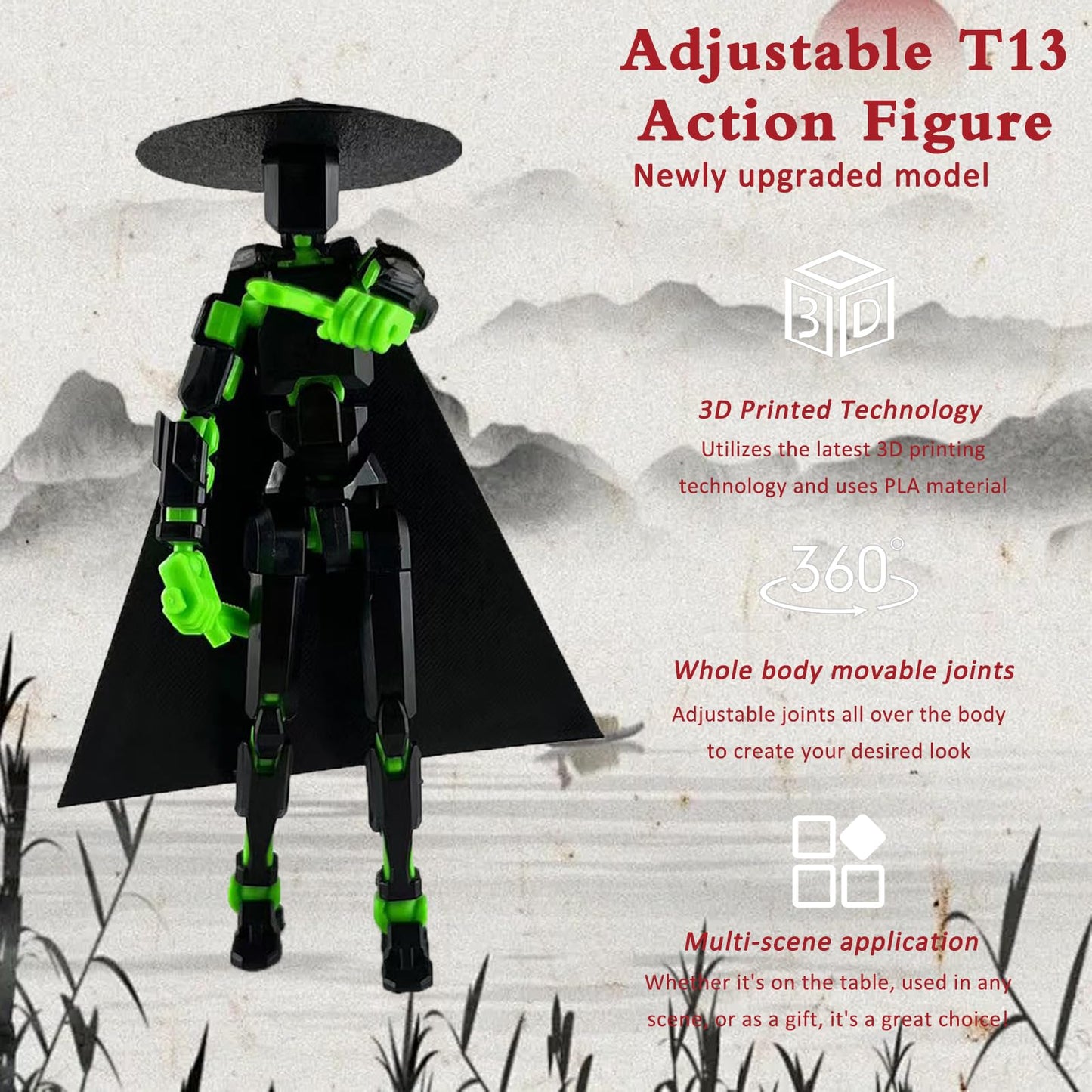 PkghoKids Already Assembled T13 Action Figure Accessories,Dummy 13 T13 Multi-Jointed Movable 3D Printed Toys (Black Green)