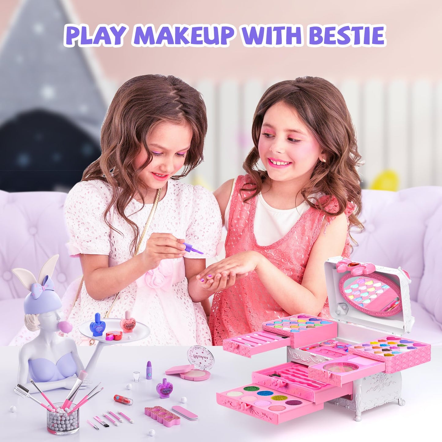 GORISPI Kids Makeup Sets for Girls, 66pcs Real Cosmetic for Kids Toys with Mirror, Princess Washable Girls Makeup Kit, Non-Toxic