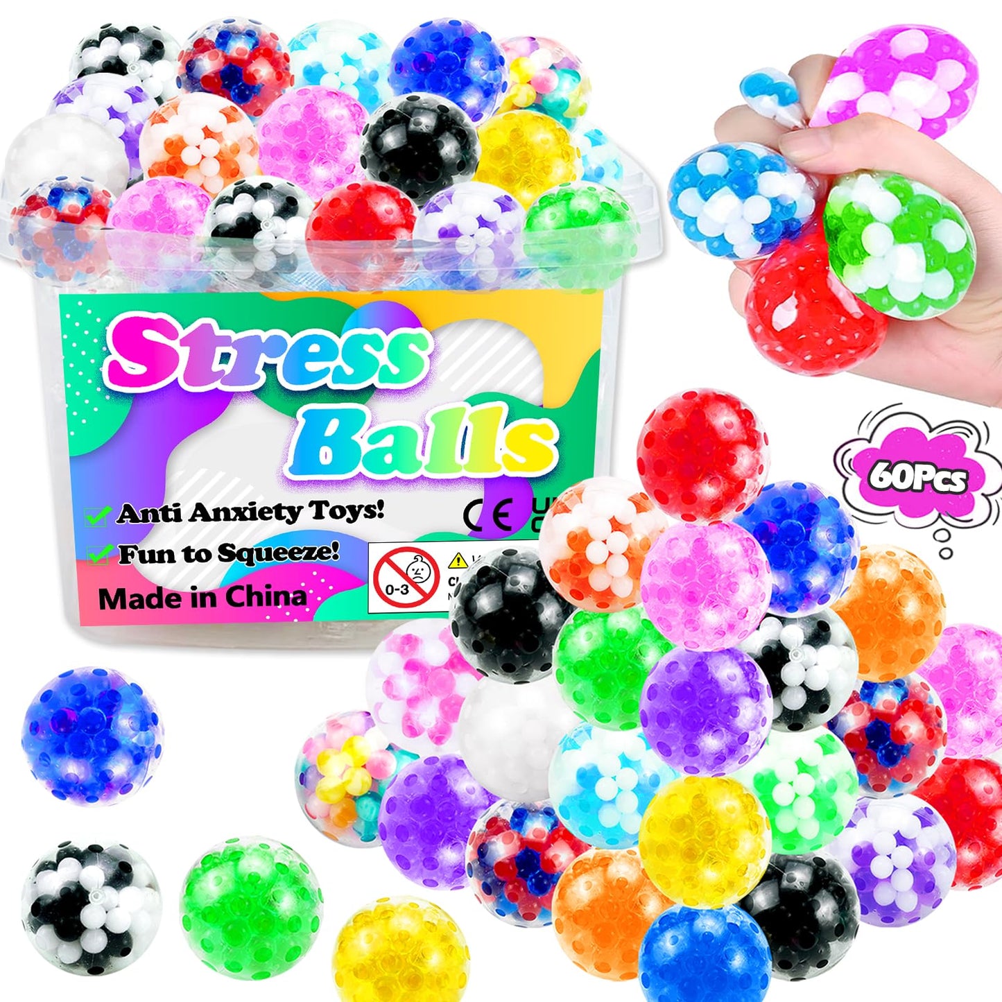 60Pcs Stress Balls, Squeeze Balls Bulk, Small Sensory Balls For Adults Stress Relief, Classroom Prizes, Halloween Party Favors,