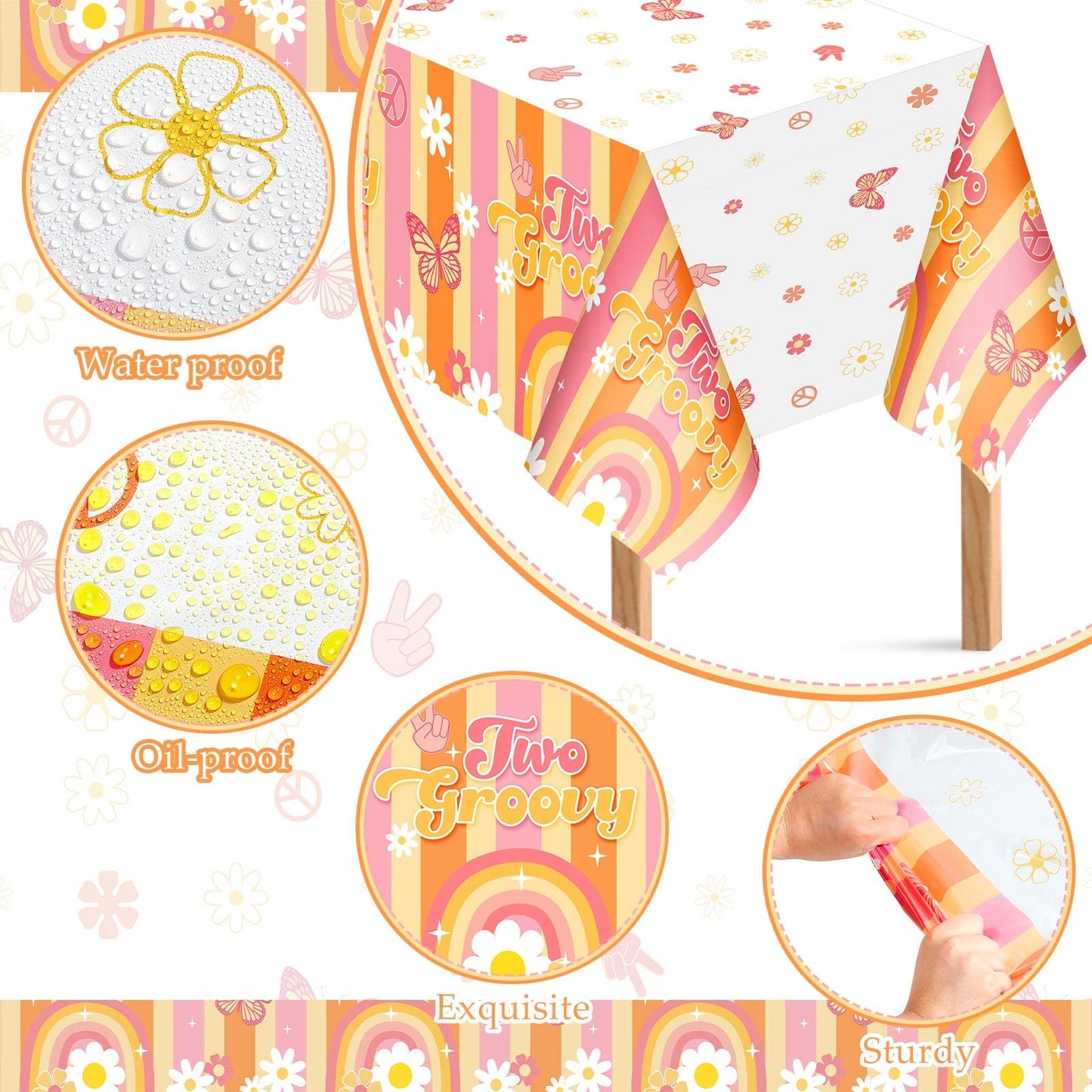 Jecery 3 Pcs Rainbow Plastic Two Groovy Tablecloths Retro Hippie Boho Party Table Covers Disposable Daisy Flower Groovy Party De