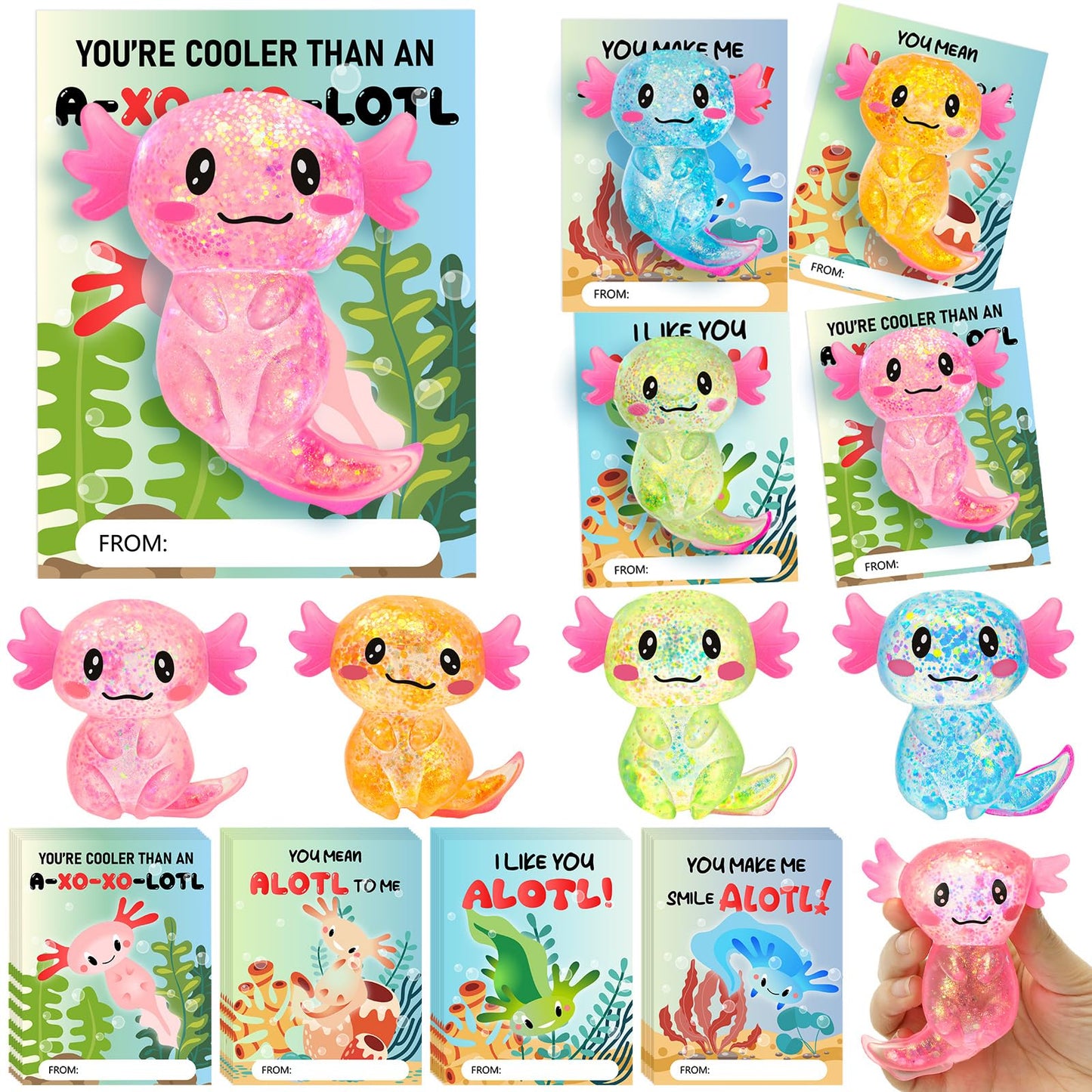 HyDren 28 Pcs Axolotl Sensory Fidget Toy with Cards Axolotl Party Favors Party Supplies Squeezes Toy for Birthday School Classro