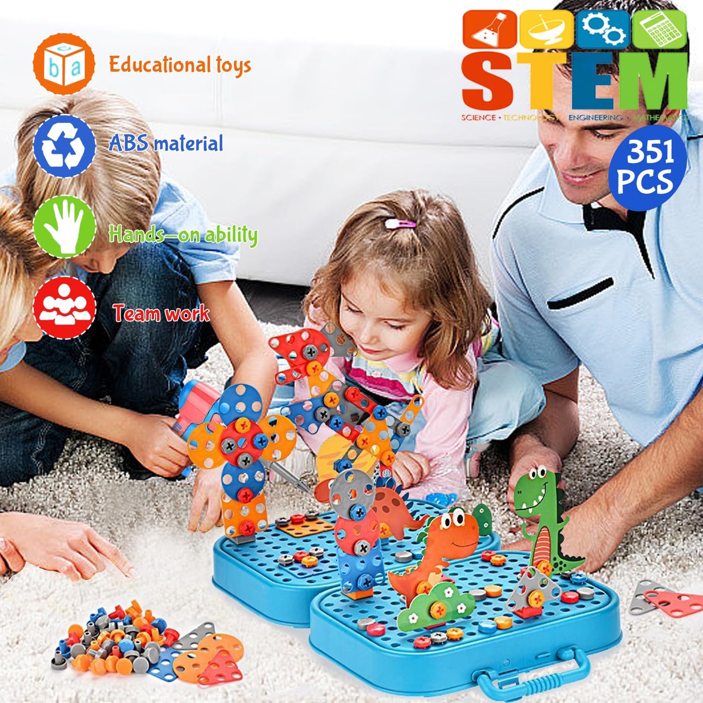 AquaArcc Design and Drill Toy for Boys Age 4-8, 351pc Kids Dinosaur Toy Electric Drill with Toolbox for Boys 4 5 6 7 8 Years Old