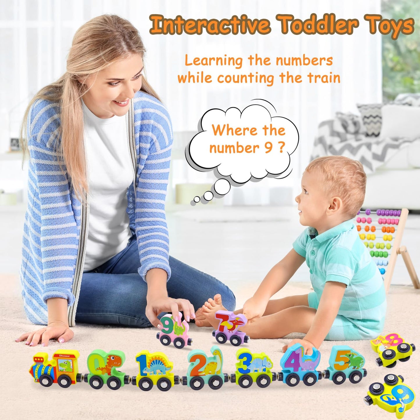 Humerry Dinosaur Toys For Kids 2-4, Wooden Magnetic Train Set, 11 Pcs Number Trains Learning Activities For Kids, Birthday Gifts Infant Development Toys For Boys Girls