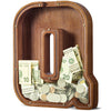 Customized Name Large Wooden Piggy Bank For Kids Boys Girls Alphabets Letter A-Z Coins Bills Money Change Bank Box Initial On Clear Cover (Laser Engraved) (Alphabet-Q, Initial-12)