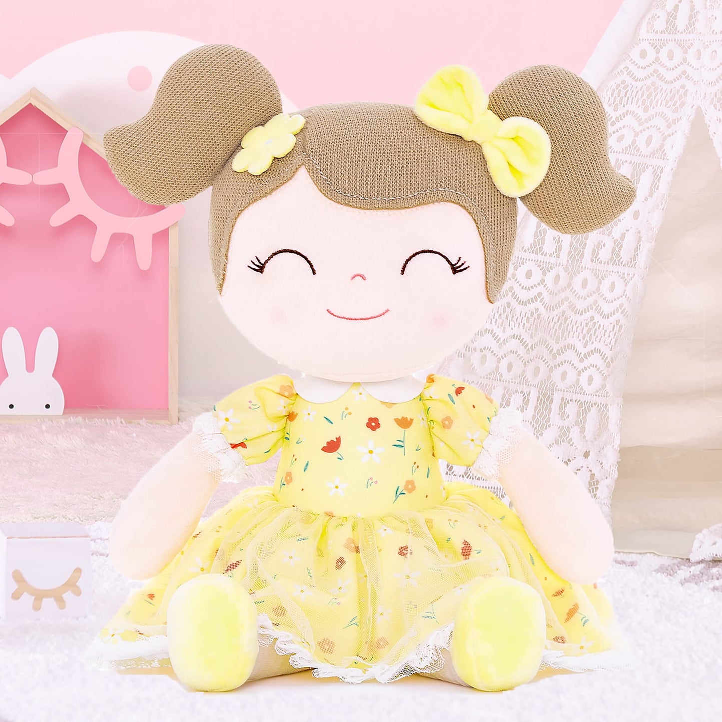 Gloveleya Baby Girl Gift Soft First Baby Doll Plush Doll Floral Yellow 16 ''