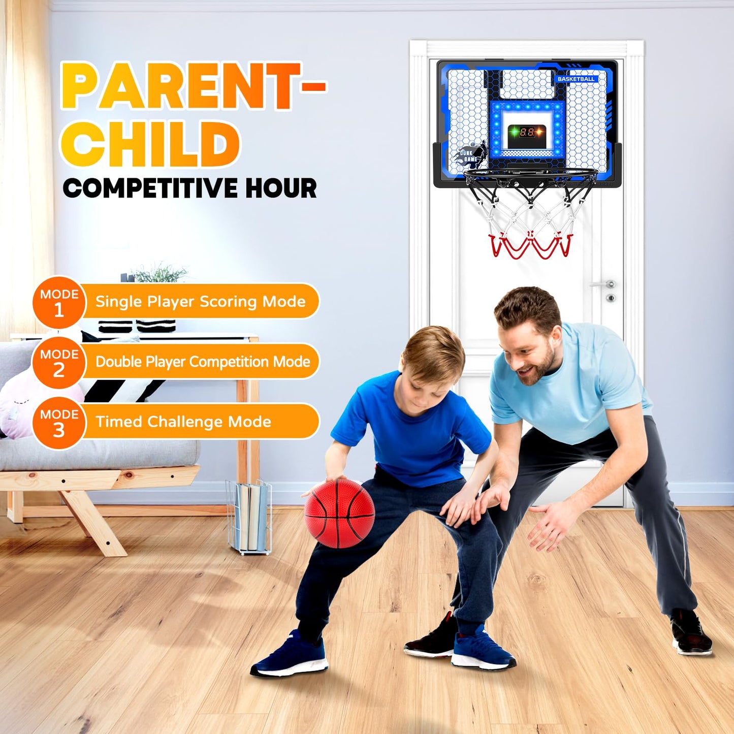 Badgoal Indoor Basketball Hoop Toy For Kids - Mini Basketball Hoops With Scoreboard&4 Balls, Anti-Impact Backboard&Music Lights,