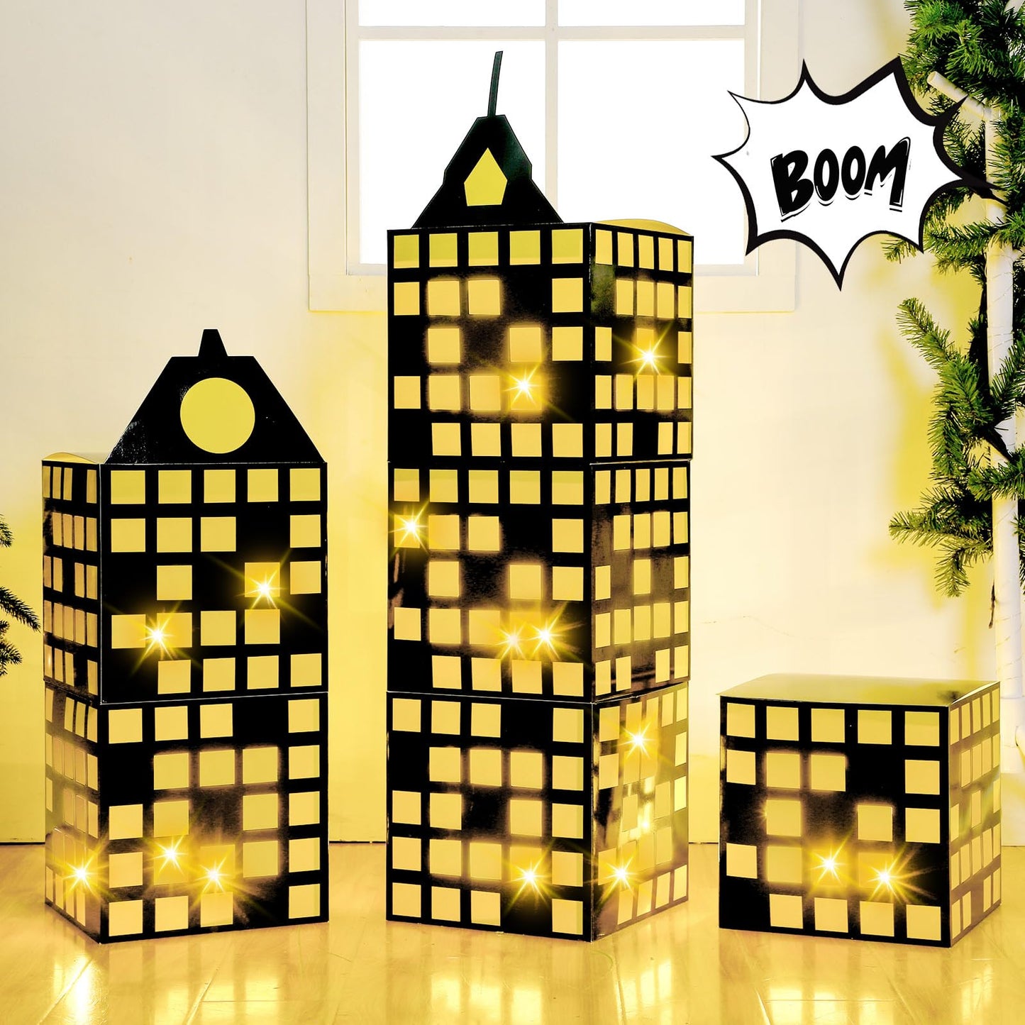 Weekgrat 6 Pcs Large Hero Party Favor Boxes with Light String 11 Inch Skyscraper City Gift Large Hero Theme Candy Treat Boxes Sk