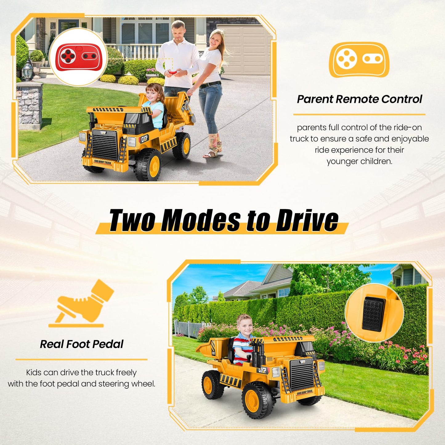 Hikole Ride On Dump Truck For Kids, Electric Cars With Remote Control, Dump Bed, Shovel, Bluetooth, Music Player, Ride On Construction Vehicles For Kids 4-8, Yellow