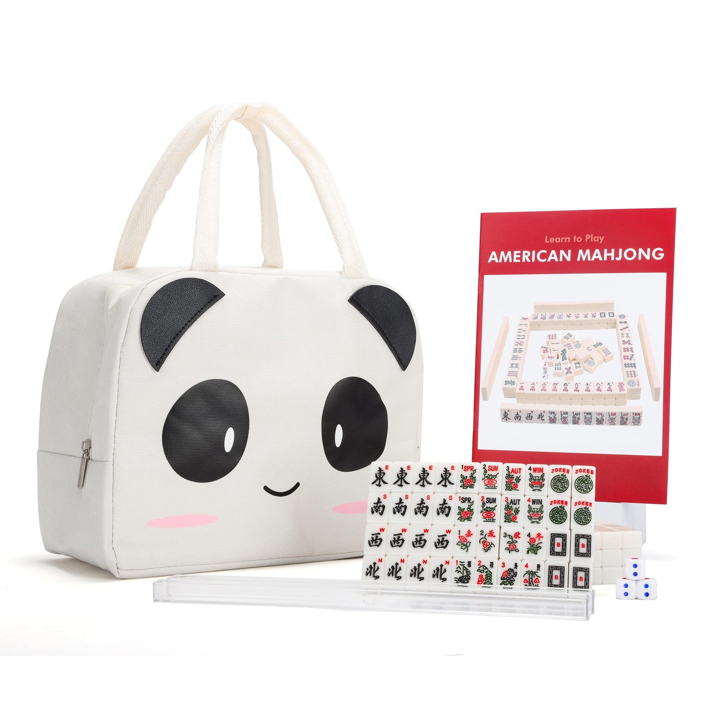 drizzle Travel Mini American Mahjong Set - 166 White Tiles, 0.8" Melamine, Includes Racks & Pink Panda Bag
