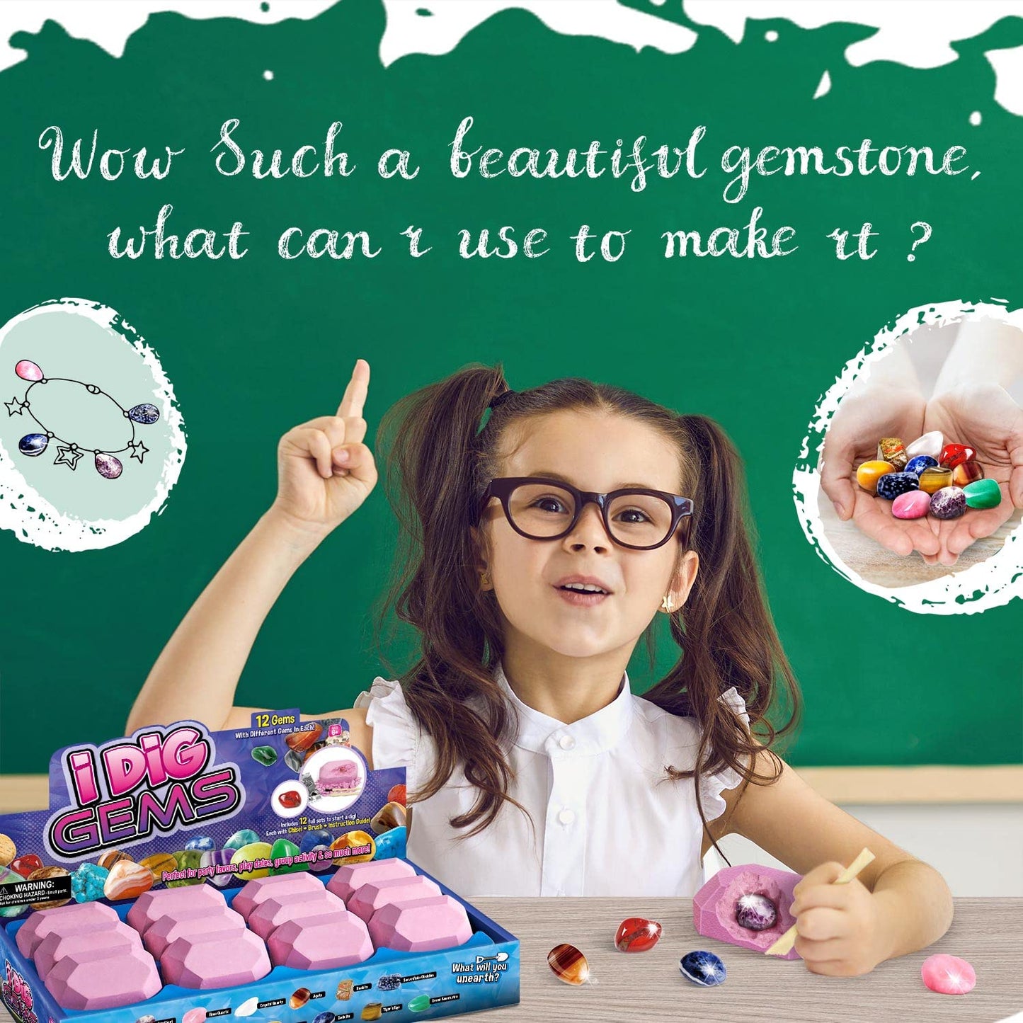 Byncceh Gemstone Dig Kit - Dig Up 12 Real Gems, Mineral & Rock Collection Gemstones And Crystals Excavation Kit For Kids Stem Toys Science Educational Birthday Gifts For Boys & Girls