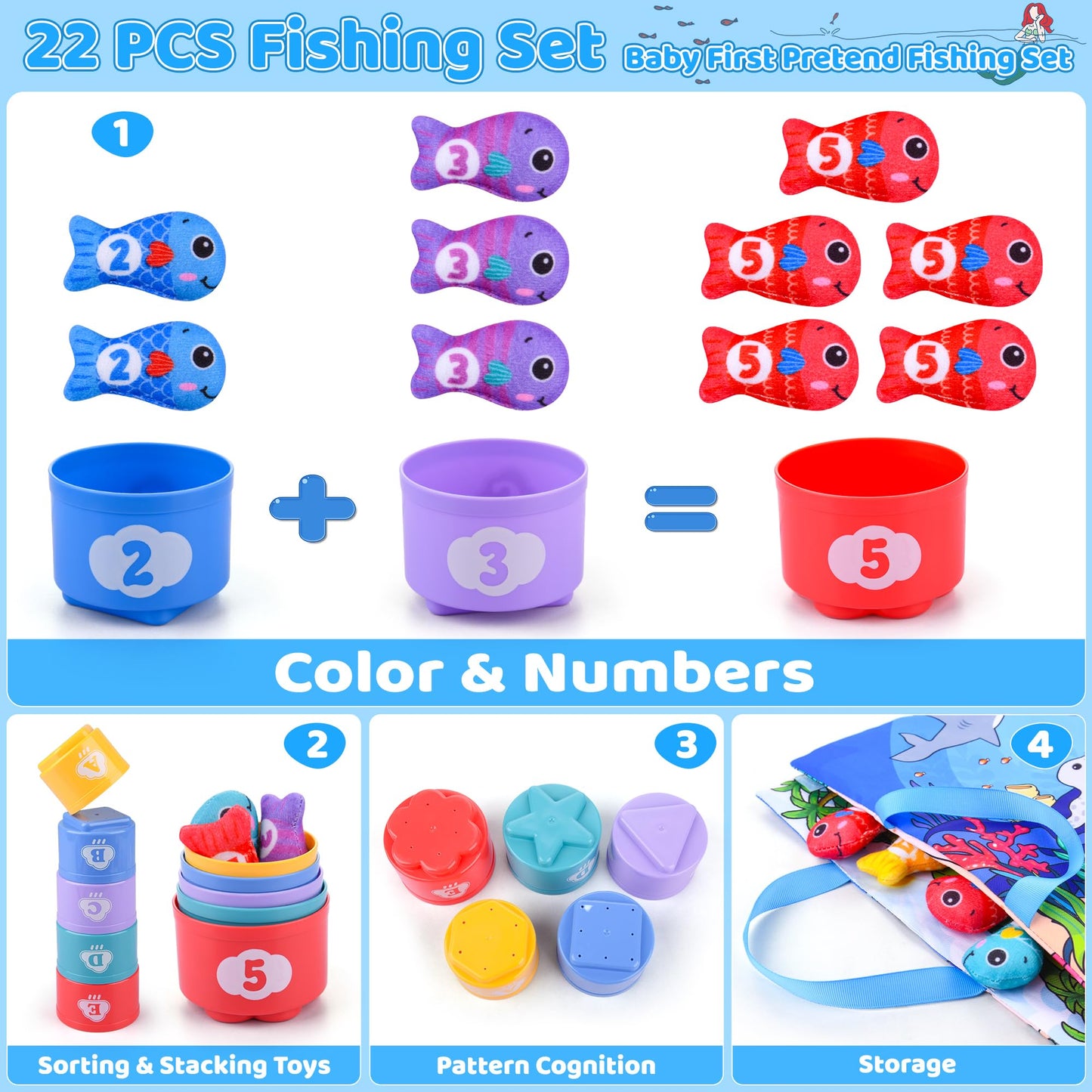 Aranee Toddler Montessori Toys For 1 Year Old Boy & Girl, Fishing Game For Toddlers With Stacking Cups Number Counting, Color So