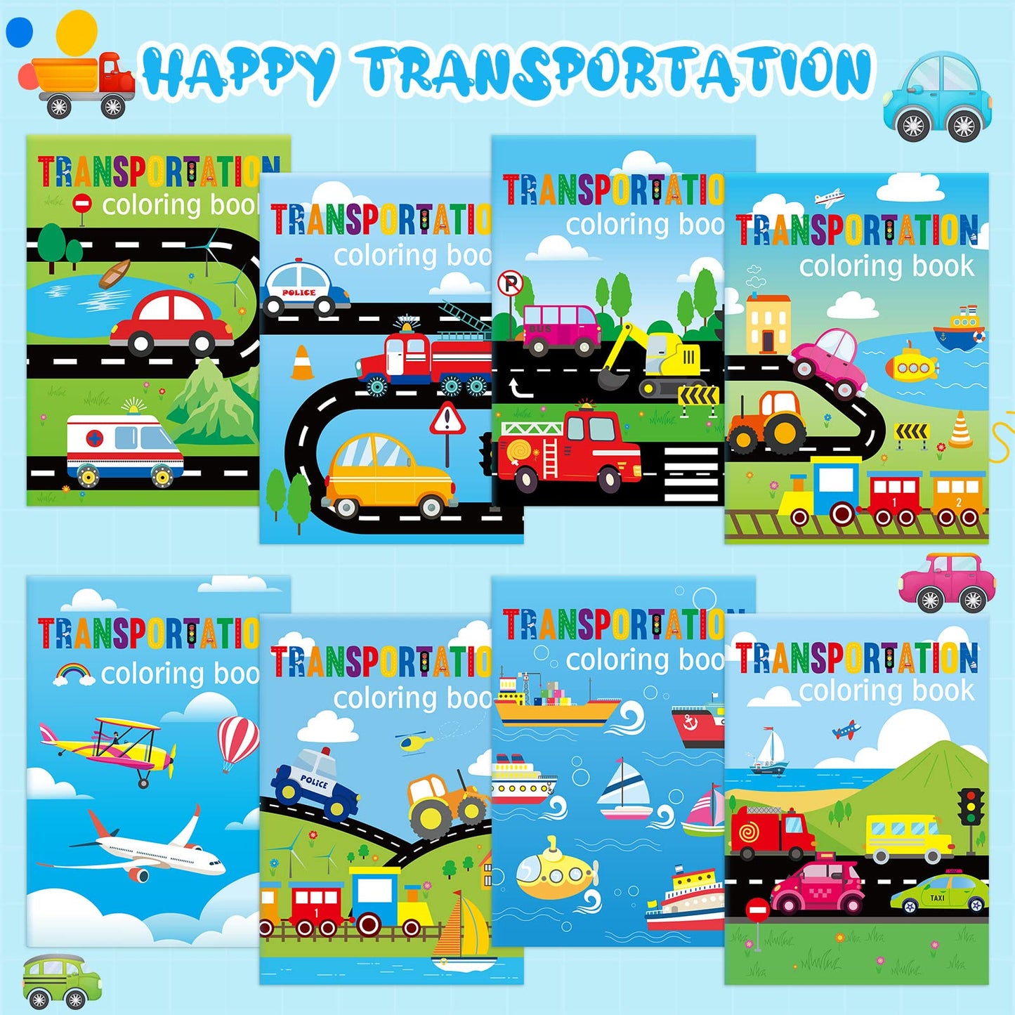 Kosiz 24 Pieces Transportation Coloring Books Traffic Theme DIY Art Drawing Book Party Favors Airplanes Vehicles and Ships Color