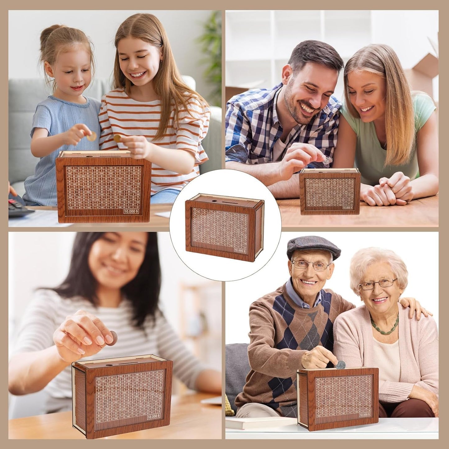 Money Saving Box piggy bank for mature-themeds 10000 savings challenge box wooden money box for cash 10 000 savings box Best Gift for Kids Boys Girls mature-themed Man Women Friends Valentine's Day gift($10000 Brown)