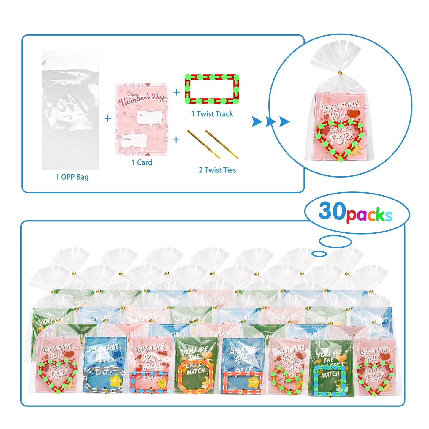 Dbpbtou 30 Pack Valentines Day Gifts For Kids-Wacky Tracks With Valentines Cards, Fidget Snake Puzzles Toys For Stress Relief, V