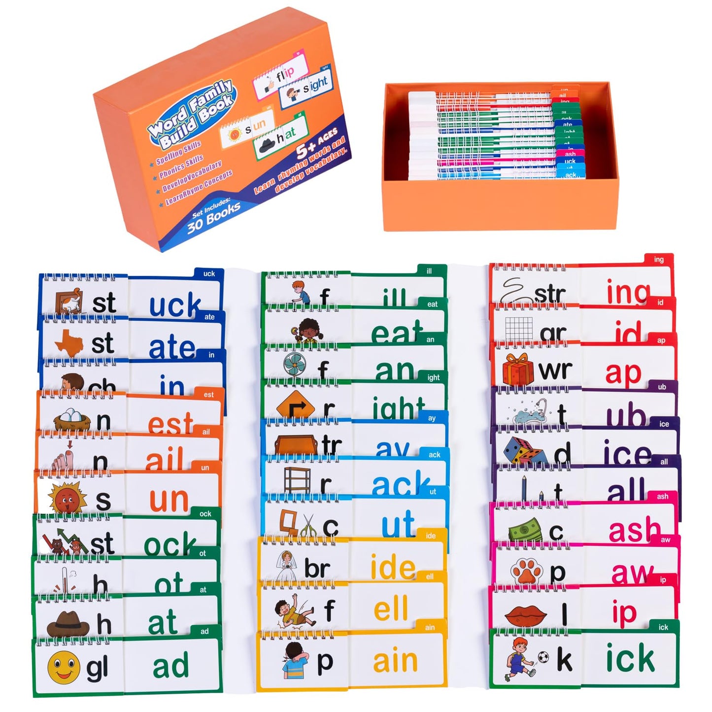 30 Word Family Build Book & Read And Rhyme Flip Book  Phonics & Sight Words Flash Cards For Preschool/Kindergarten, Fun Learnin