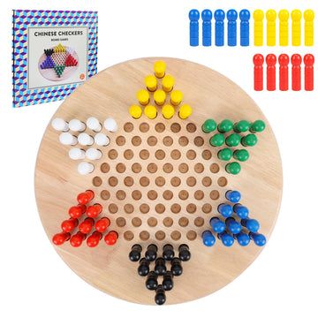 Offelec 15 Wooden Chinese Checkers Board Game – 75 Color Pegs, 2-6 Players, Classic Strategy Fun for Kids & Adults