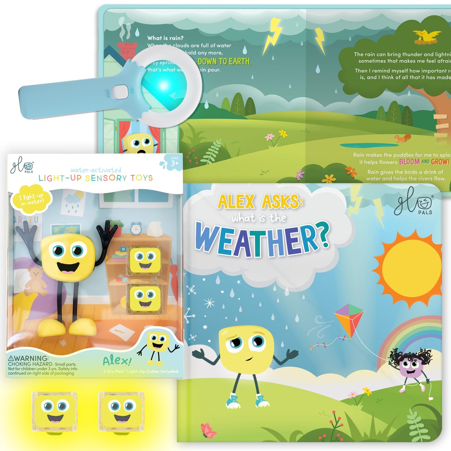Glo Pals Alex Bath & Bedtime Bundle - Light Up Bath Toy with 1 Interactive Book, 2 Light Cubes & 1 Magic Magnifier - Toddler Bat