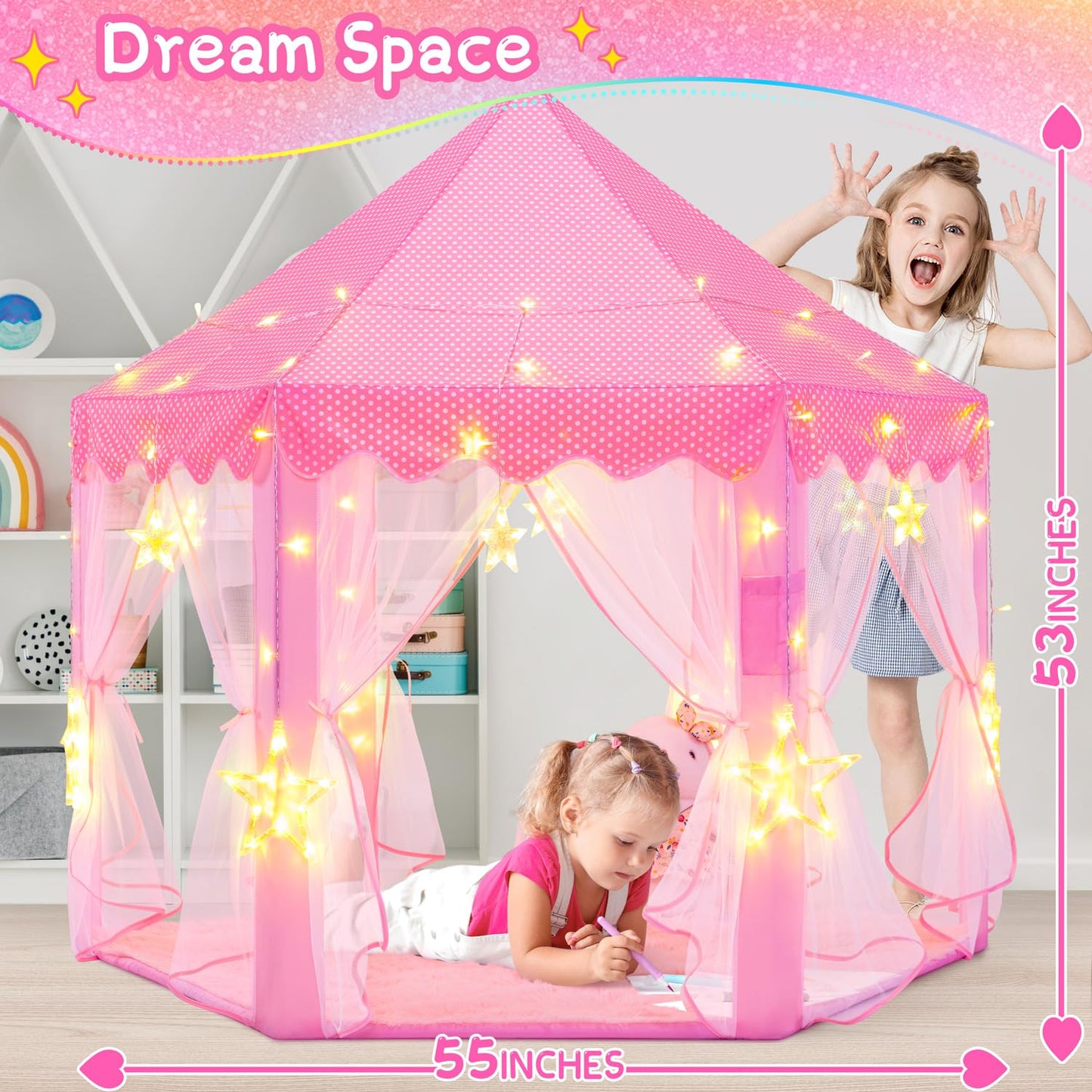 Evoionos Princess Tent For Girls, Castle Tent For Girls, Princess Castle Play Tent With Large Star Lights, Kids Tent Indoor Play
