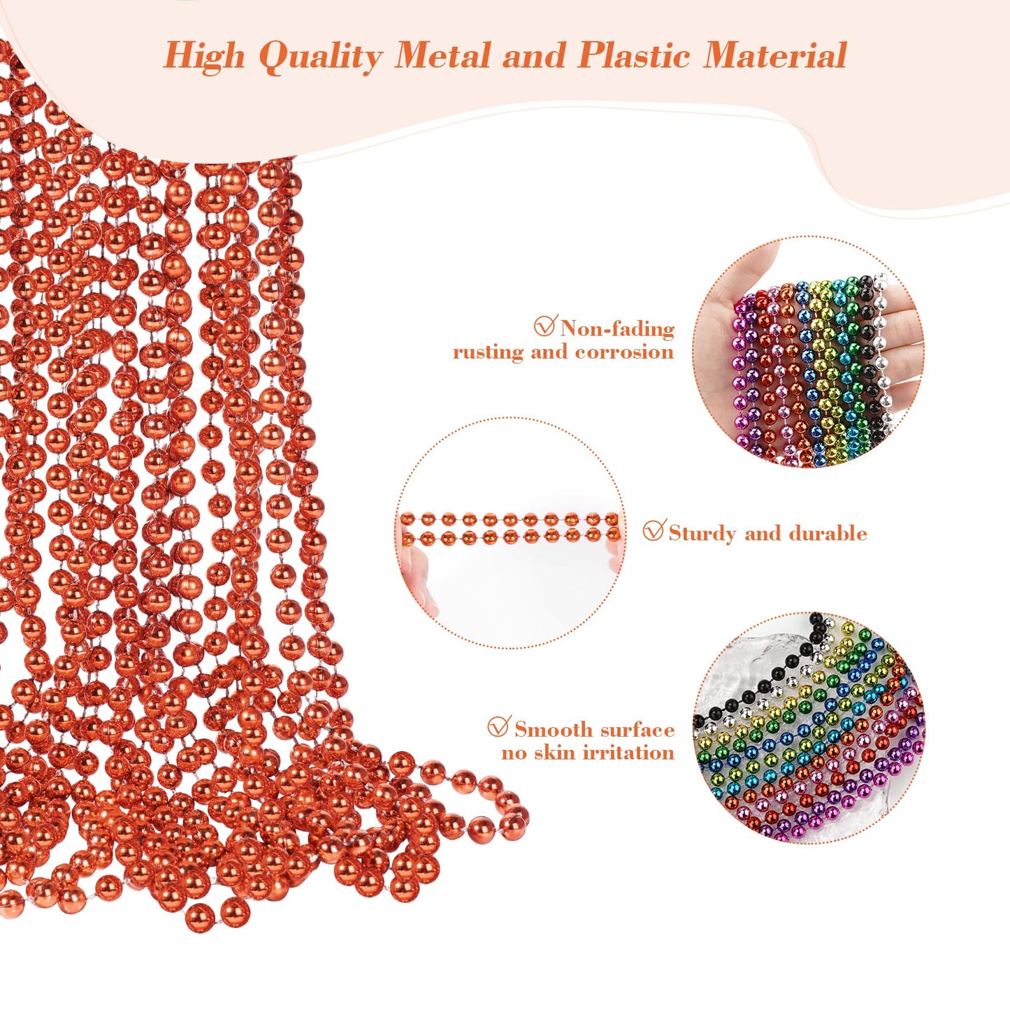 YAXINRUI 33 Inch 7 mm Metallic Orange Bead Necklaces, 15pcs Mardi Gras Beads Bulk Round Beaded Necklaces Costume Necklace for Ma