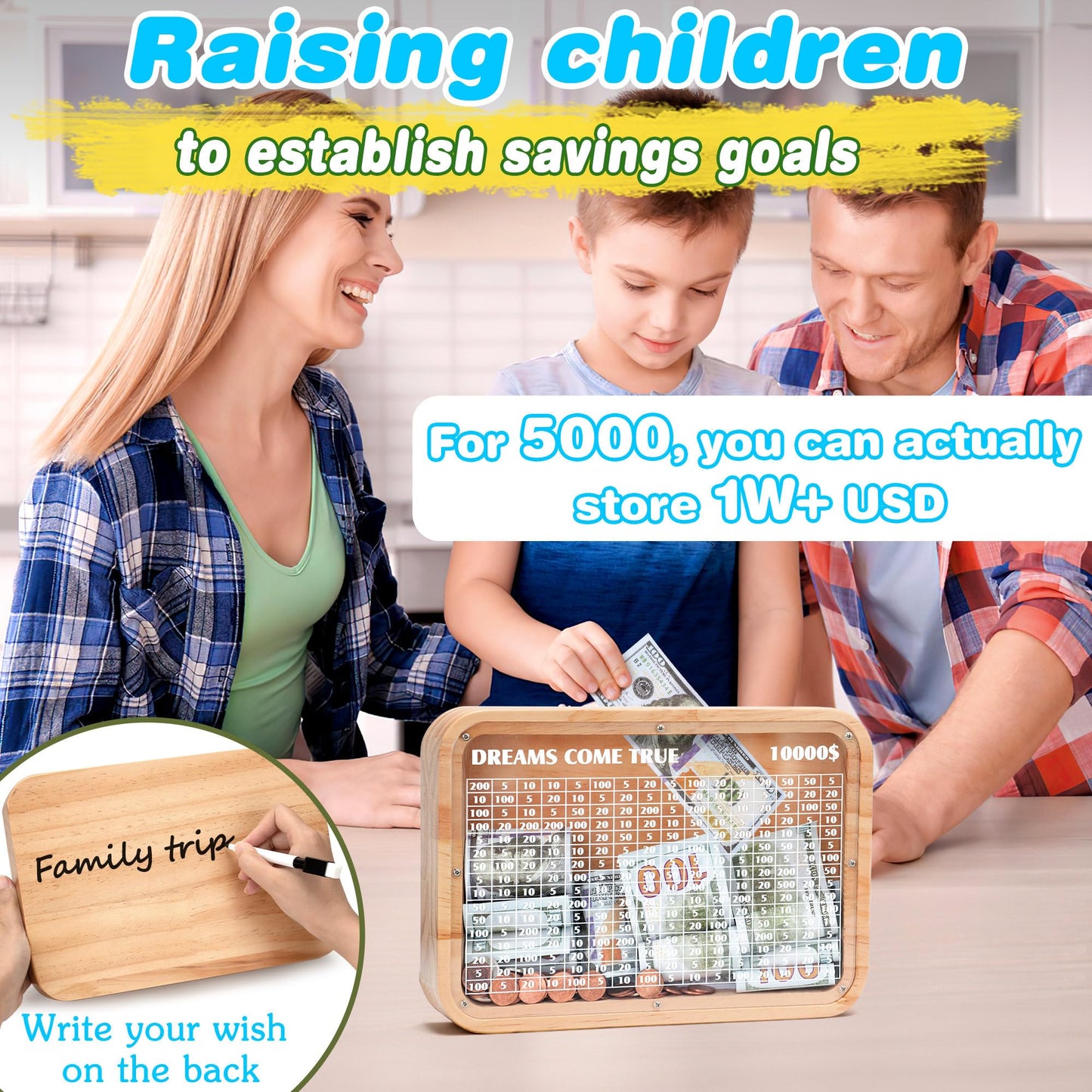 Wooden Money Saving Box With Cash Vault $10000 Piggy Bank For Kids Adults With Boys Counter Coin Challenge Bank For Girls (Target $10000)