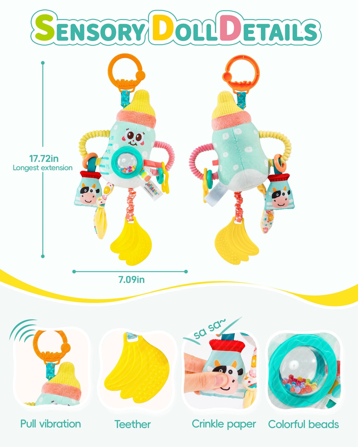 Jollybaby Baby Pull Vibration Toy - Tummy Time Sensory Hanging Toys for Car Seat  Stroller  Crib & Play Gym  with Babier Teether  Air Travel Toys for Toddlers Gift - Baby Bottle