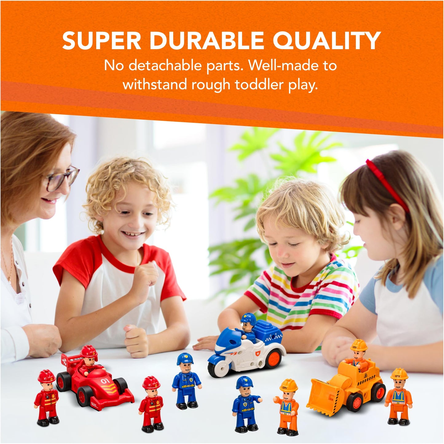 Funerica 12-Pcs People Figures And Toy Cars Playset - Fireman, Police, Construction Workers - Pretend Play Vehicle & Figurine Set Accessories For Kids - Emergency Rescue & Construction Toys