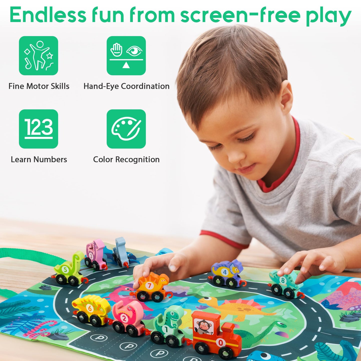 Hellowood Dinosaur Toys For Toddlers Age 2-4, Wooden Dinosaur Train Set With Playmat/Storage Bag, Montessori Educational Toys For 2+ Years Old Boys & Girls