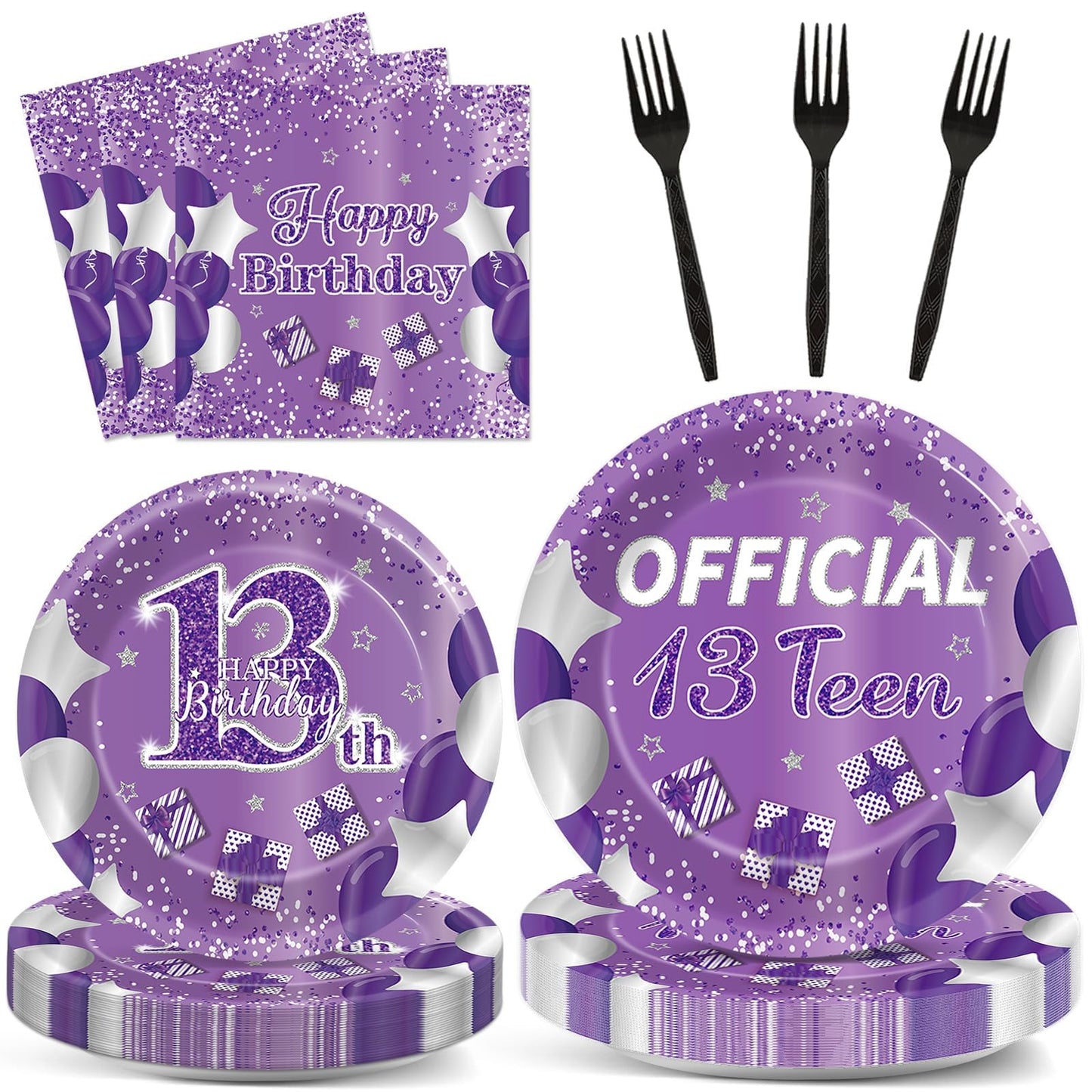Qyeahkj 100 Pcs Purple Official Teen Birthday Decor 13Th Birthday Plates Napkins Forks Set Disposable Official 13Th Tableware Te