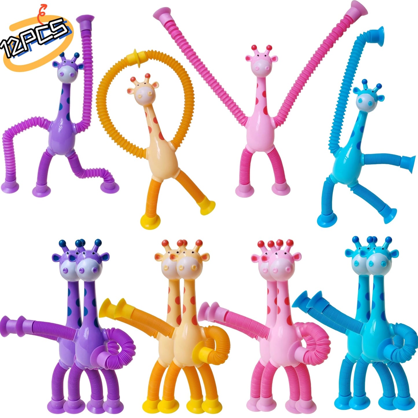 12 Pcs Telescopic Suction Cup Giraffe Toy-Sucker Pop Tube Fidget Sensory Toys Party Favors For Kids Toddler Age 3 4 5 6 7 8 9,Bi
