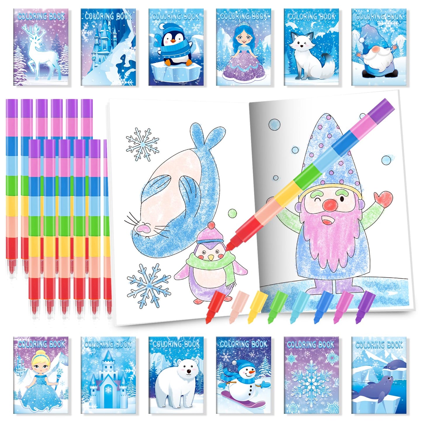 BenLouis 24 Frozen Mini Coloring Books with 24 Stacking Crayons Party Favors Winter Snowflake Themed Activity Book Crafts Bulk f