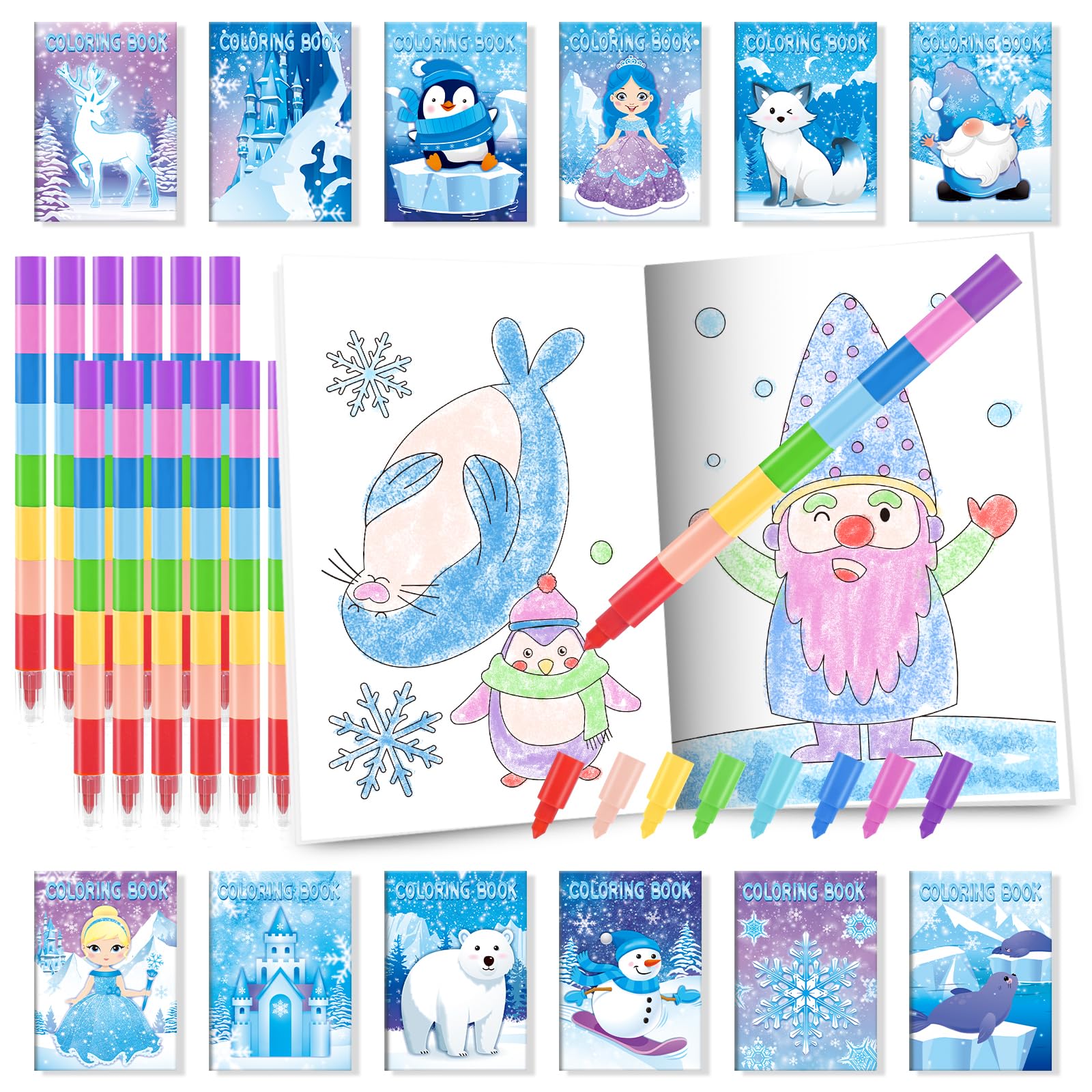 BenLouis 24 Frozen Mini Coloring Books with 24 Stacking Crayons Party Favors Winter Snowflake Themed Activity Book Crafts Bulk f