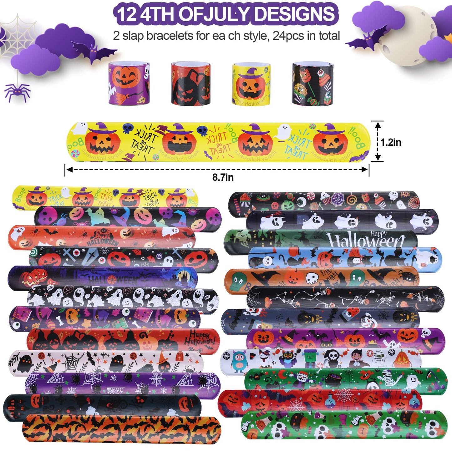 xutengy 48Pcs Halloween Party Favors Decorations Slap Bracelets Rubber Wristbands, Trick or Treat Party Favors, Classroom Prizes