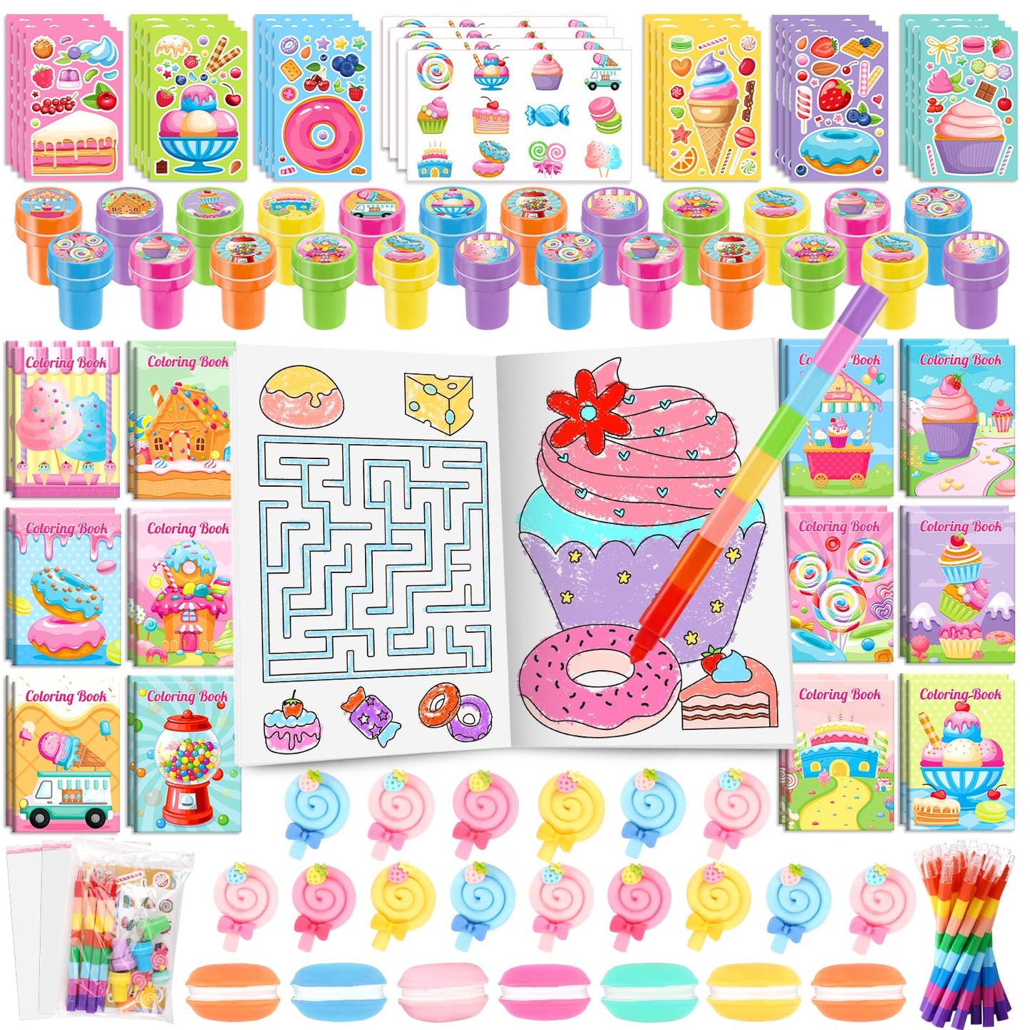 BenLouis 168Pcs Candyland Party Favors Ice Cream Donut Coloring Book Crayon Stickers Set Bulk for Kids Cupcake Lollipop Sweet Tr