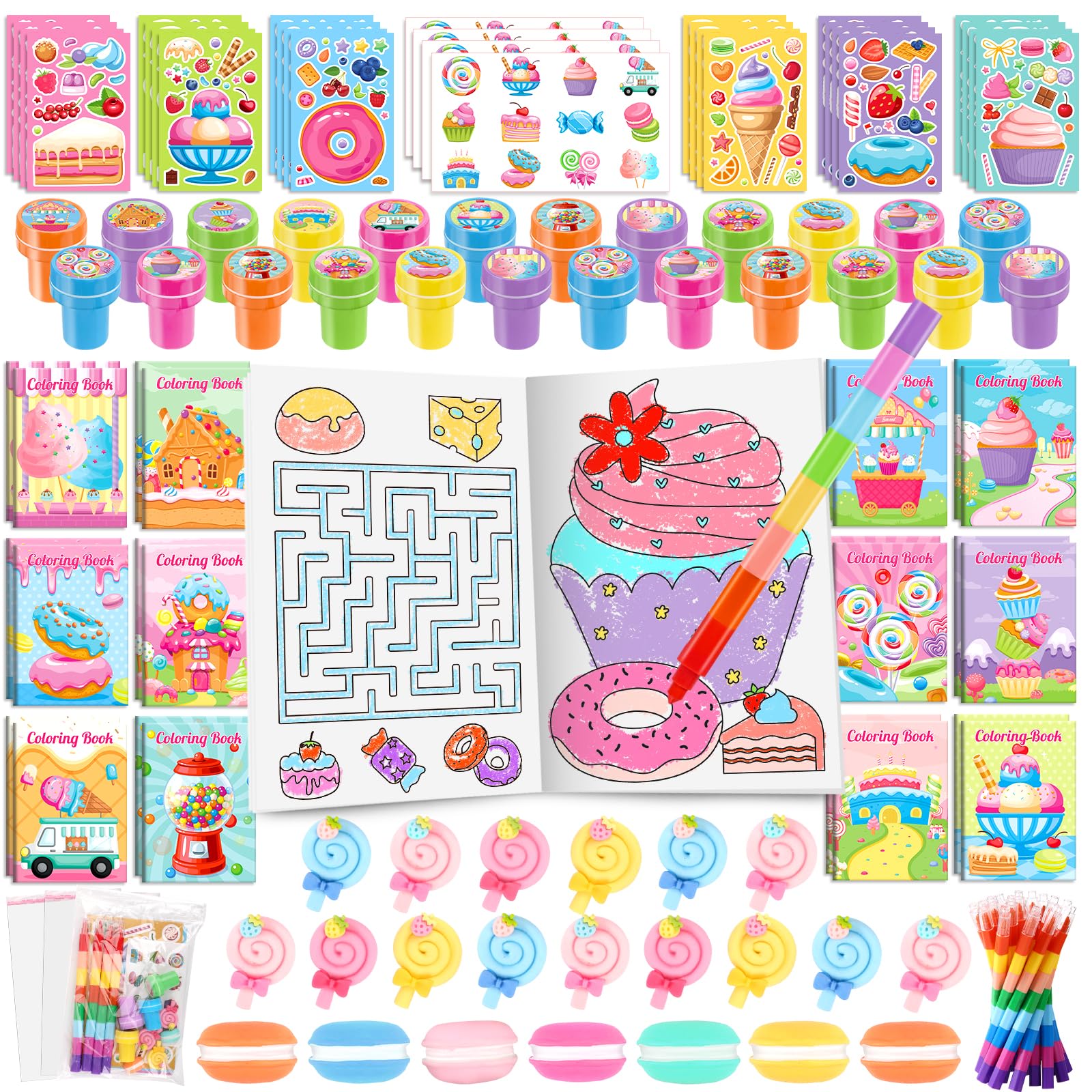 BenLouis 84Pcs Candyland Party Favors Ice Cream Donut Coloring Book Crayon Stickers Set Bulk for Kids Cupcake Lollipop Sweet Tre