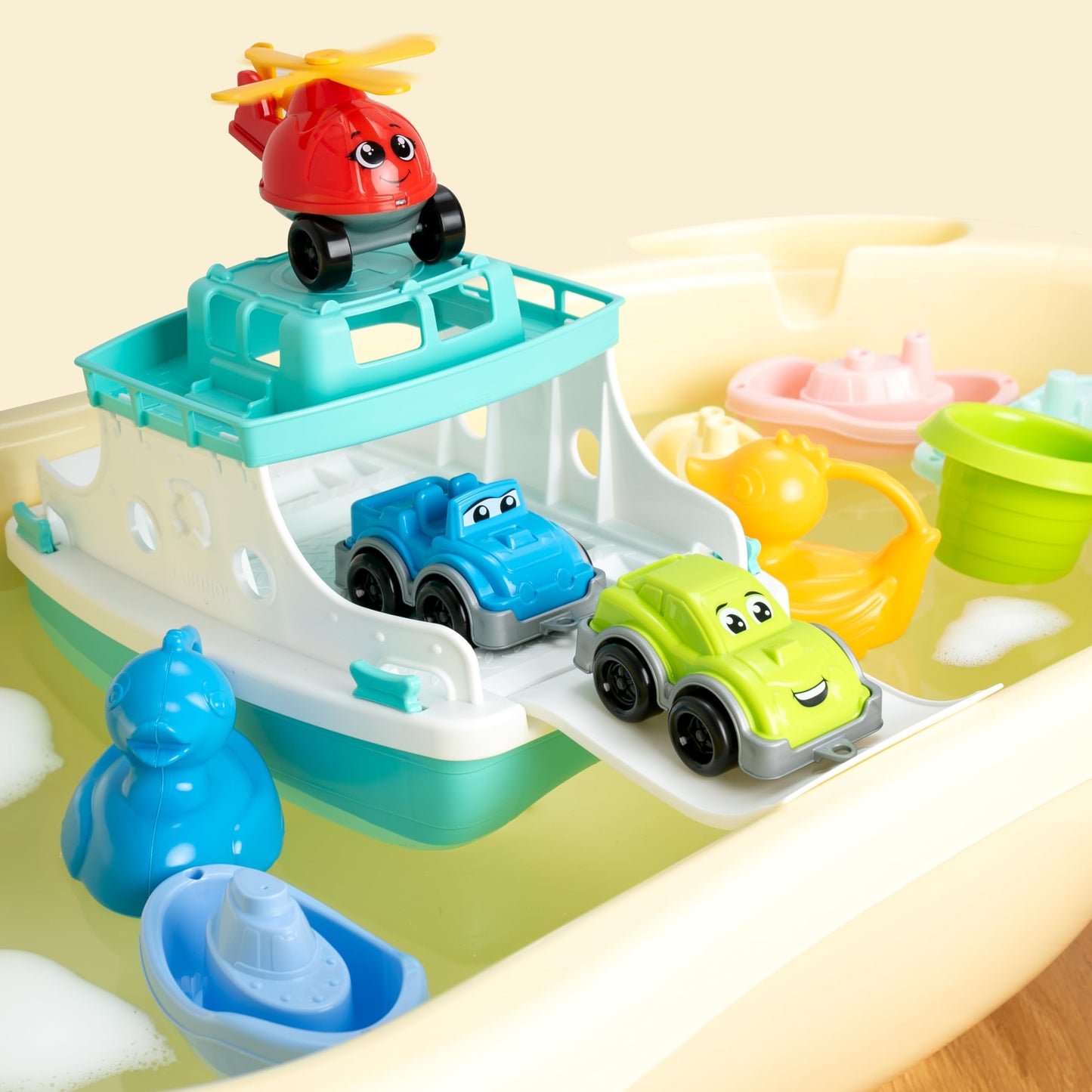 Ferry Boat Toys Set With Helicopter 2 Cars | Baby Bath Toys For Toddlers With Stacking Cups | Baby Water Toy With Bath Boats Tra