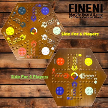 FINENI Wooden Marble Board Game - Dual-Sided Fast Track for 2-6 Players, 20" Dark, Includes 30 Marbles & 6 Dice, Perfect Family Fun
