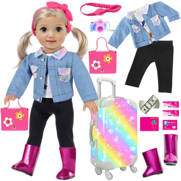 18 Inch Girl Doll Clothes And Accessories Case Luggage Travel Play Set Include Colorful Suitcase, Jeans Jacket, Top, Pants, Boots, Camera, Handbag ... (No Doll)