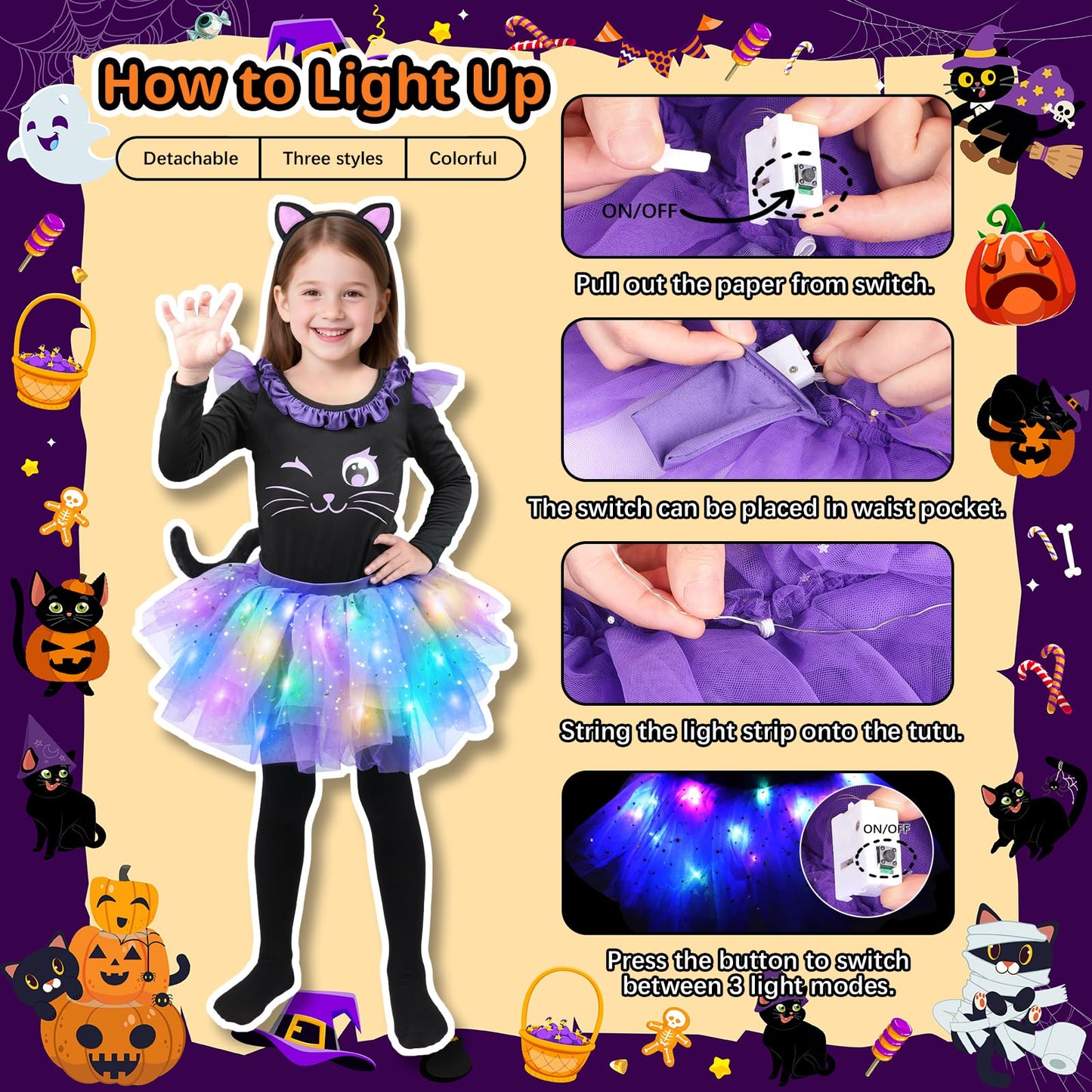 GIFTINBOX Cat Costume for Girls  Light Up Black Cat Costume  Halloween Animal Dress Up Costumes for Kids Age 3-9