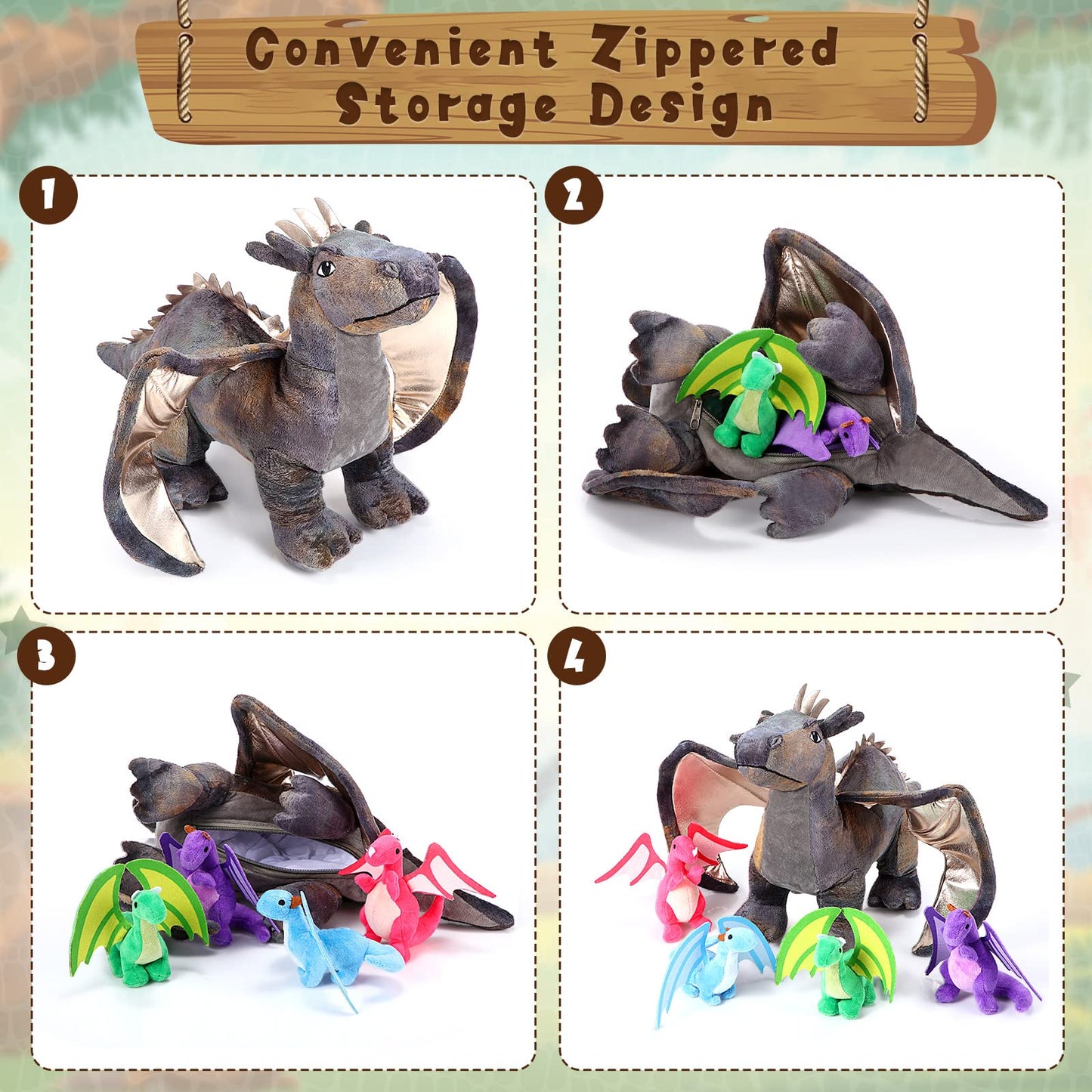 Hydren 5 Pcs Dragon Plush Toys Set 16 Inch Giant Dragon Plush Stuffed Animal With 4 Pcs Babies Dragons In Mommy Dragon'S Belly F
