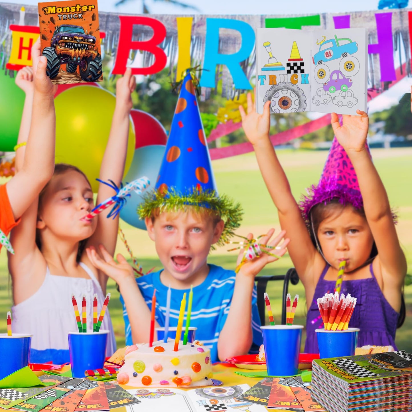 BenLouis 24 Monster Truck Mini Coloring Books Kids with 24 Stacking Crayons Monster Car Party Favors Activity Books Bulk for Kid