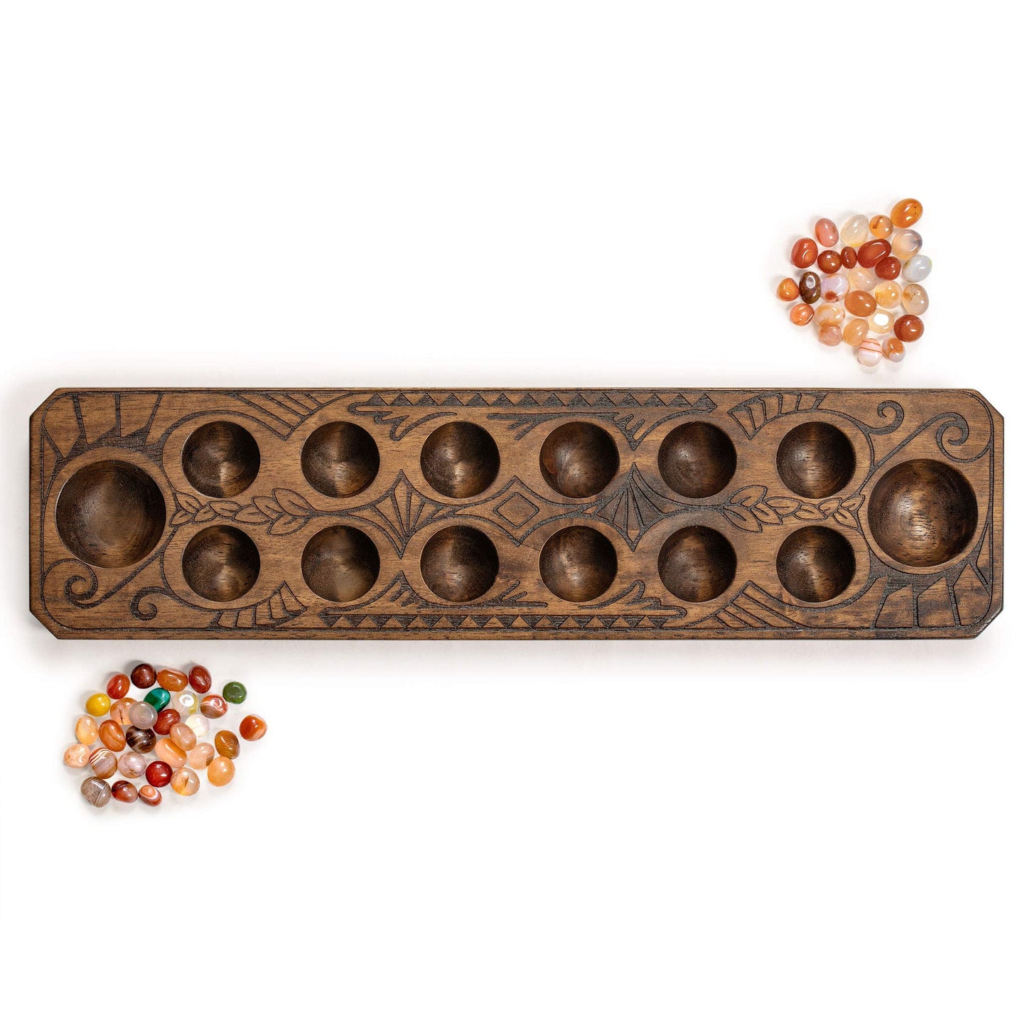 Yellow Mountain Imports Mancala Set - 17.3-Inch Solid Wood Board, Quartz Pebble Pieces, Large, Brown