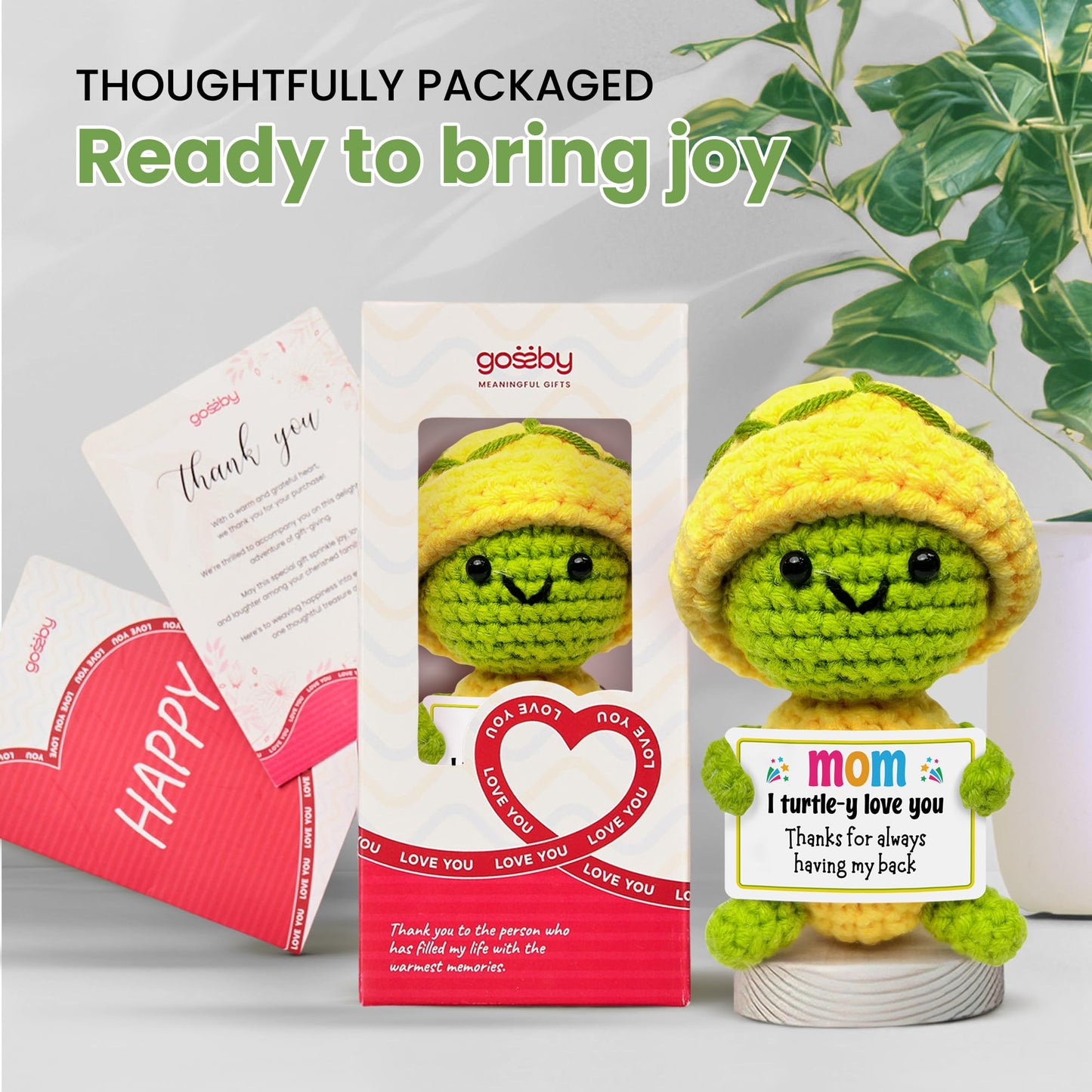 Gossby Gift for Mom - Positive Turtle Crochet with Card - I Turtle-Y Love You - Mom Gift from Daughter  Son  Kid - Mothers Day  Christmas  Birthday Present - Handmade Crochet Animal with Message